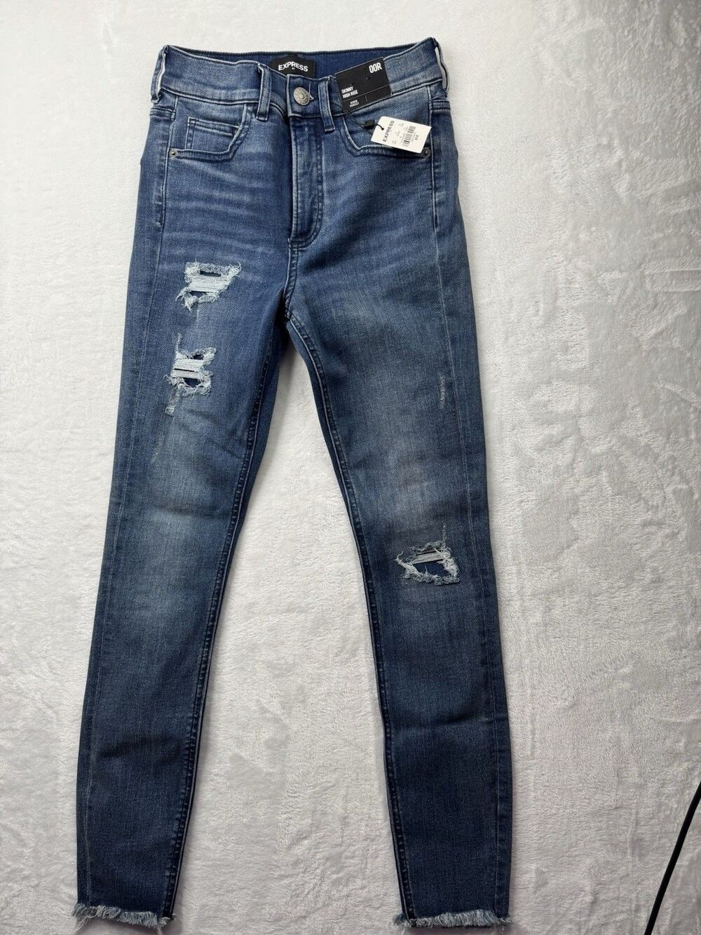 Express Size 00 Women Jeans Skinny High Rise Inseam 27 Distress Raw Hem Med Wash
